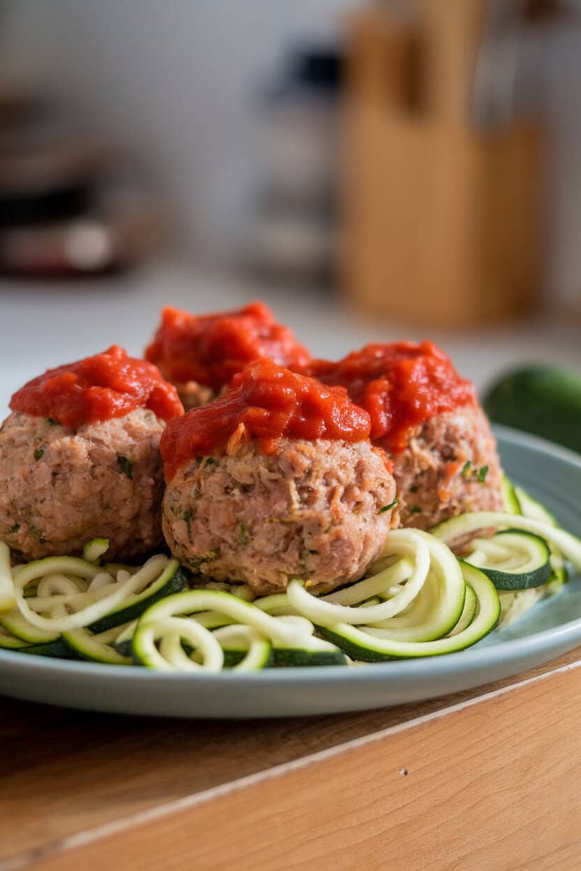 Indoor kitchen photo of turkey meatballs studded with grated zucchini, served over zucchini noodle “zoodles” and topped with marinara. No text or logos.