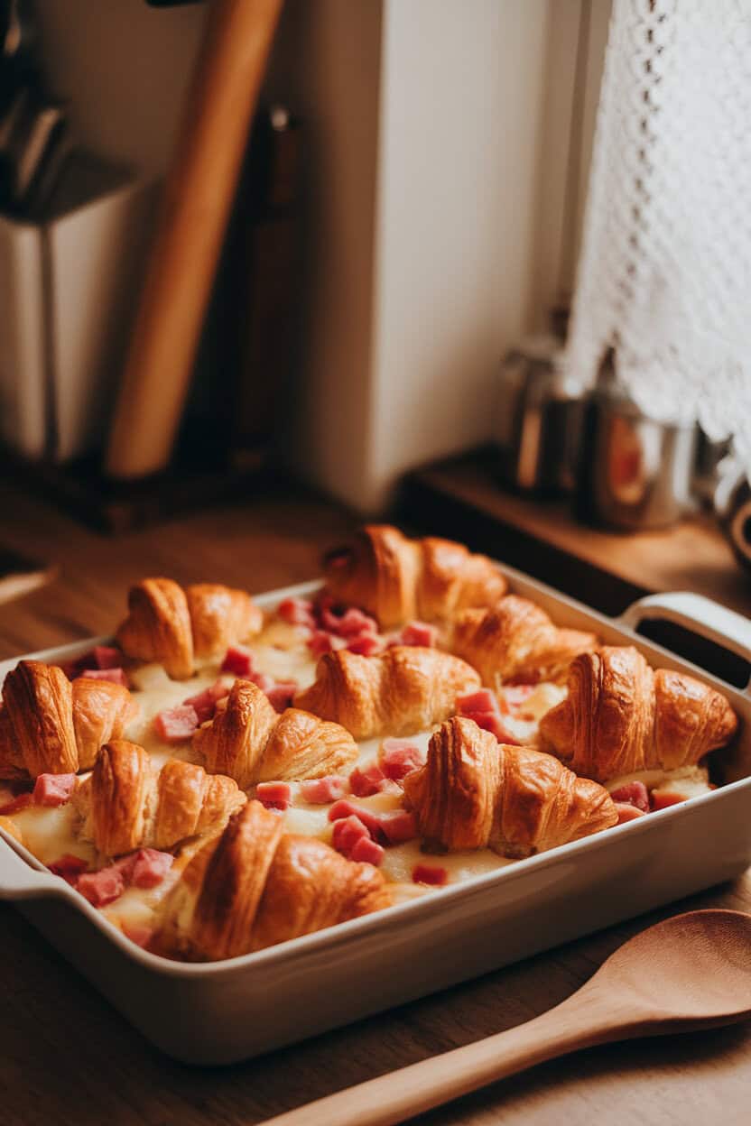 A cozy indoor kitchen counter featuring a casserole of torn croissants dotted with diced ham and melted Gruyère, golden and flaky on top. No text or logos present. Photograph, not illustration.