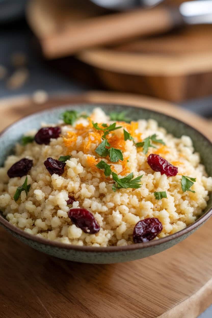 An indoor serving bowl of fluffy couscous mixed with dried cranberries, orange zest, and chopped parsley. Warm ambient light, no text or logos. Photo only.