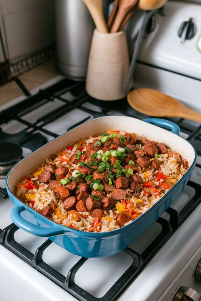 Indoor stovetop scene showing a casserole dish of Cajun dirty rice: browned sausage, peppers, and rice topped with green onion garnish. Photo only, no text or logos.