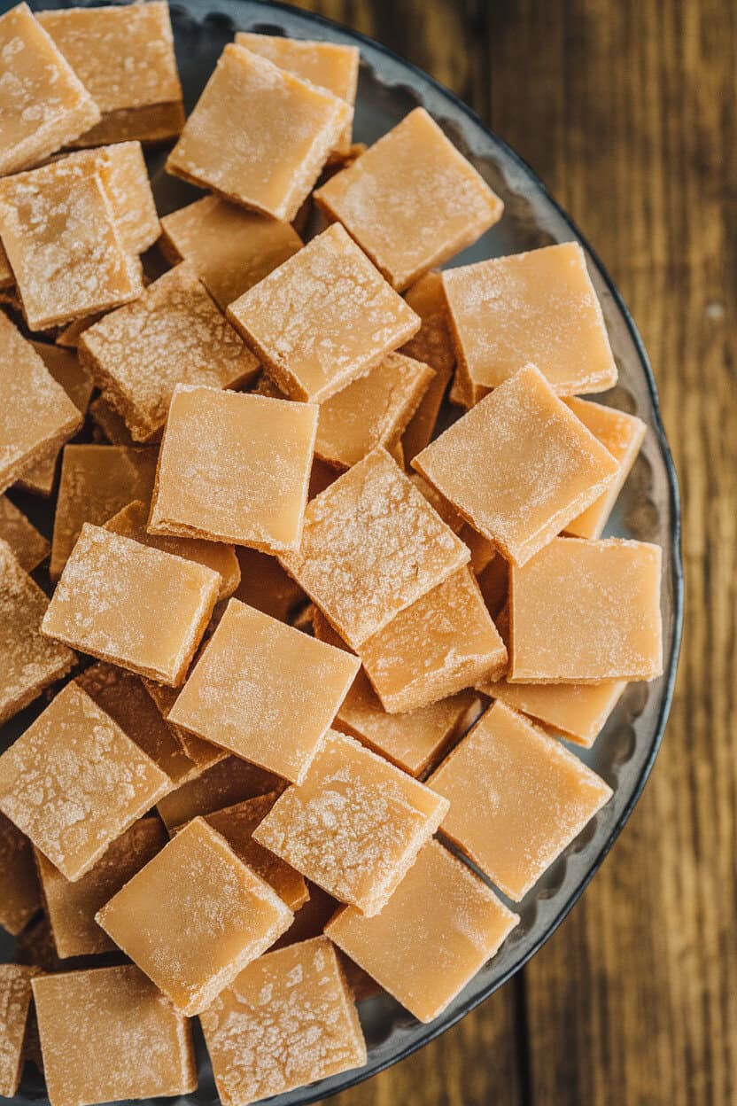 An indoor platter of pale golden Scottish tablet squares, their crystalline surface catching soft light. No text or logos. Photo, not illustration.