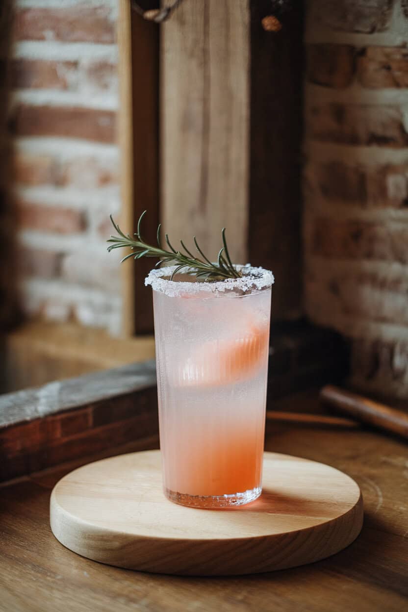 Photo of a tall glass indoors, pale pink grapefruit vodka cocktail, sprig of rosemary and coarse salt rim, soft morning light. No text or logos.