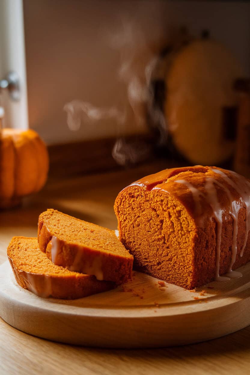 A warmly lit indoor kitchen counter featuring a freshly glazed pumpkin loaf on a wooden board, two slices fanned out to show moist crumb, light steam drifting upward. No text or logos anywhere in the scene. Photo, not illustration.
