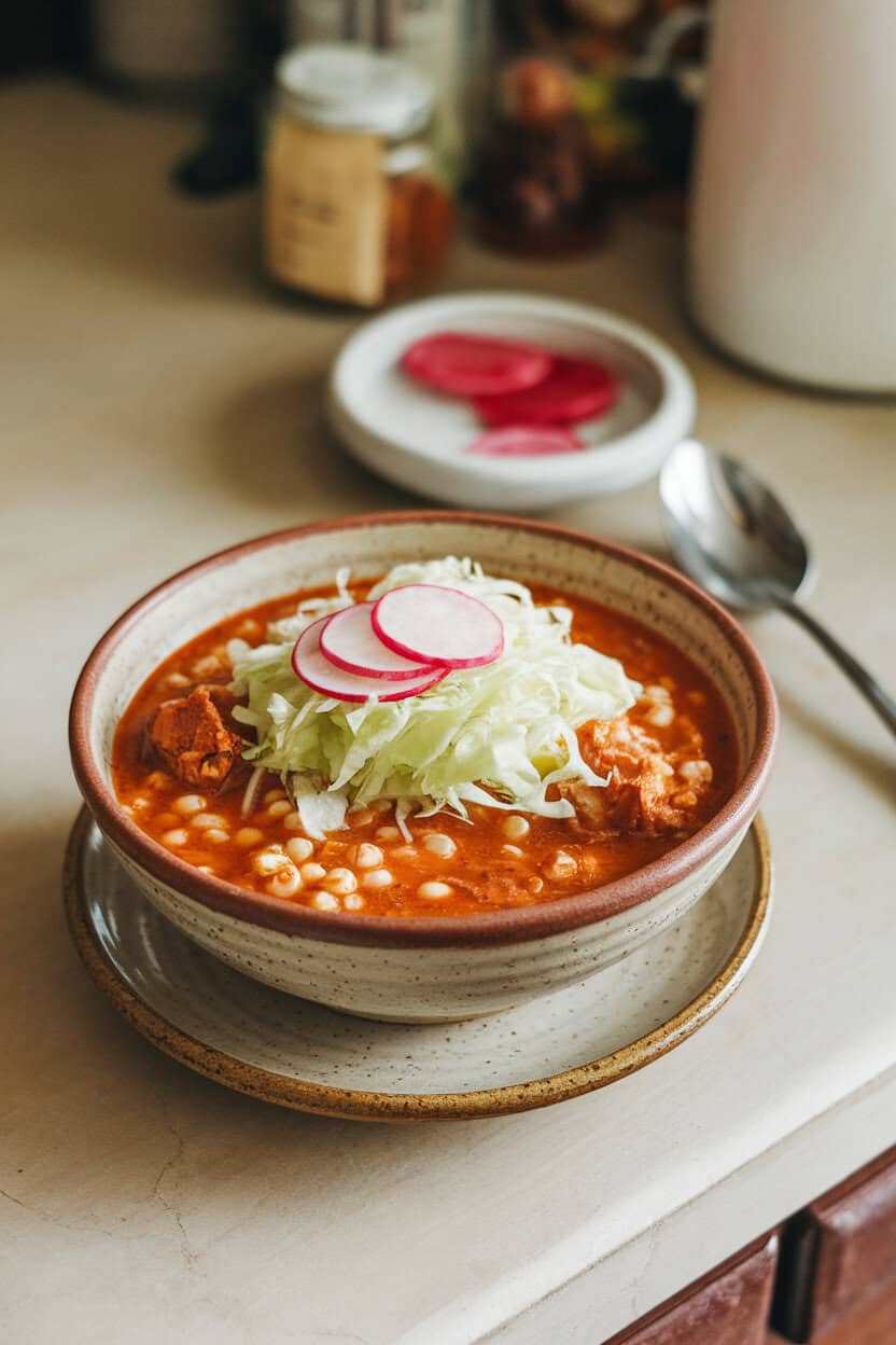 An indoor kitchen counter with a bowl of red chicken pozole, hominy kernels visible, topped with shredded cabbage and radish slices; no text or logos; photo
