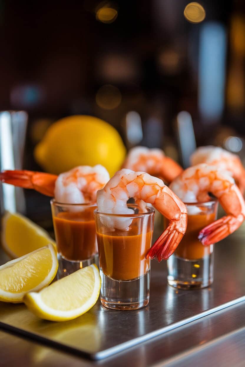 An indoor bar counter photo of small shot glasses filled with cocktail sauce and a cooked shrimp hanging elegantly over each rim, lemon wedges nearby. No logos or text.
