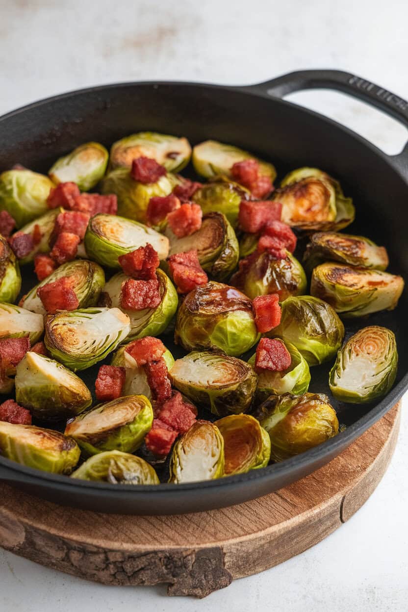 An indoor skillet on a wood trivet filled with halved roasted Brussels sprouts dotted with crisp pancetta cubes and a light sheen of balsamic glaze. No logos or text visible. Photo.</Prompt