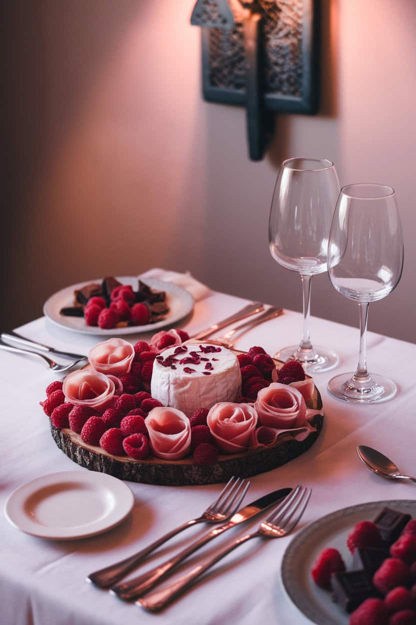Indoor romantic table setup with goat cheese rolled in edible rose petals, prosciutto rosettes, fresh raspberries, and dark chocolate pieces, soft pink lighting, logo-free.