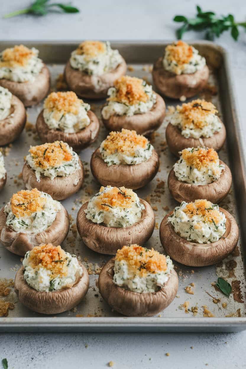 An indoor baking sheet filled with cremini mushrooms stuffed with herbed cream cheese and breadcrumbs, tops lightly browned; photo, no text or logos.