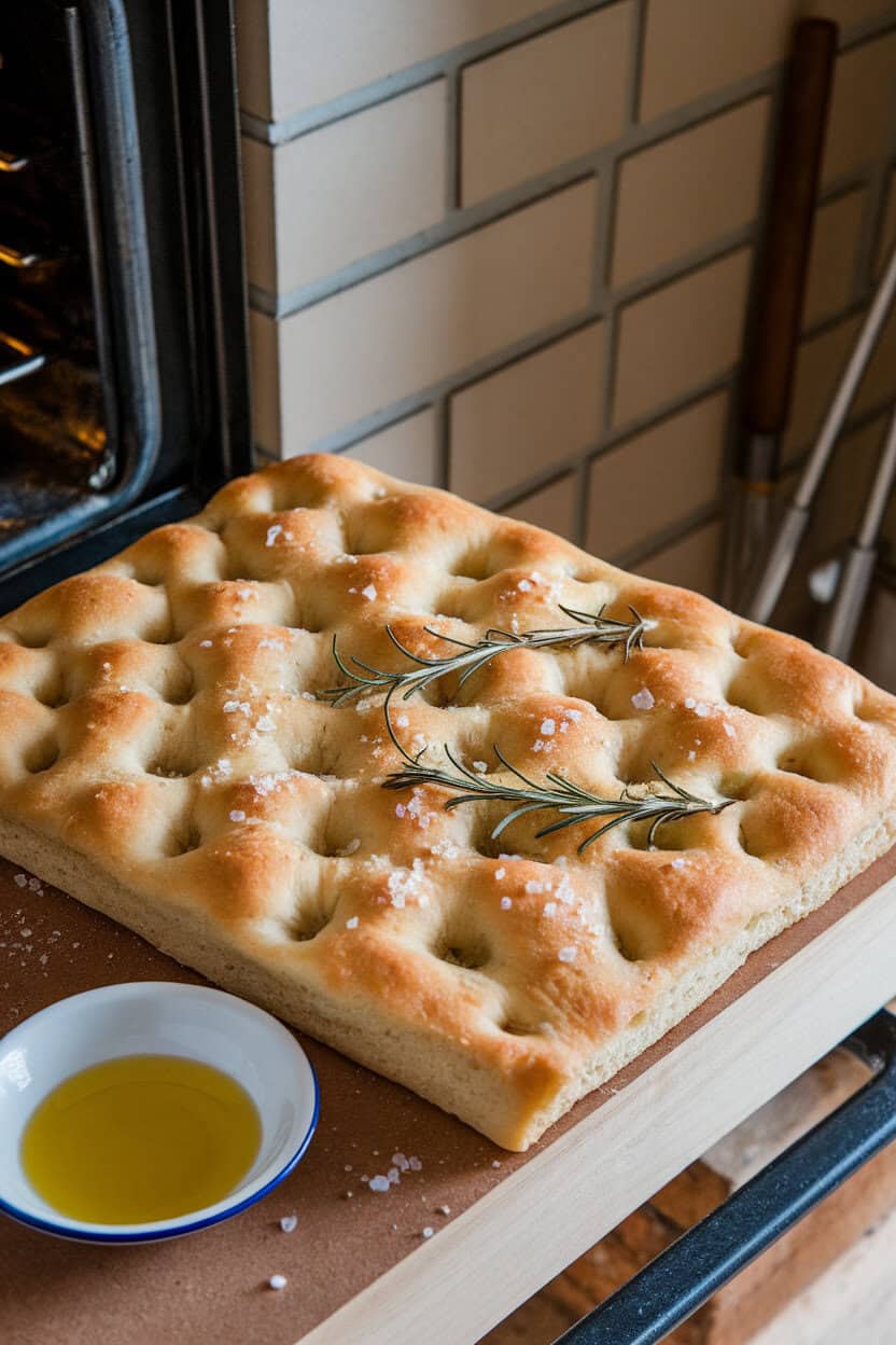 An indoor oven-side table displaying a slab of golden focaccia dimpled with rosemary sprigs and sea salt crystals, a small dish of olive oil nearby. No text or logos anywhere. Photo only.