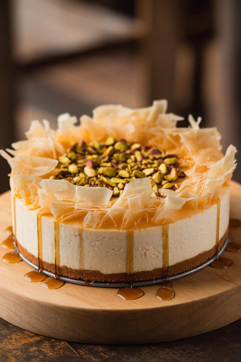 Photo prompt: Indoor round cheesecake with a top layer of phyllo shards and pistachios drizzled in syrup, side angle, no text or logos.