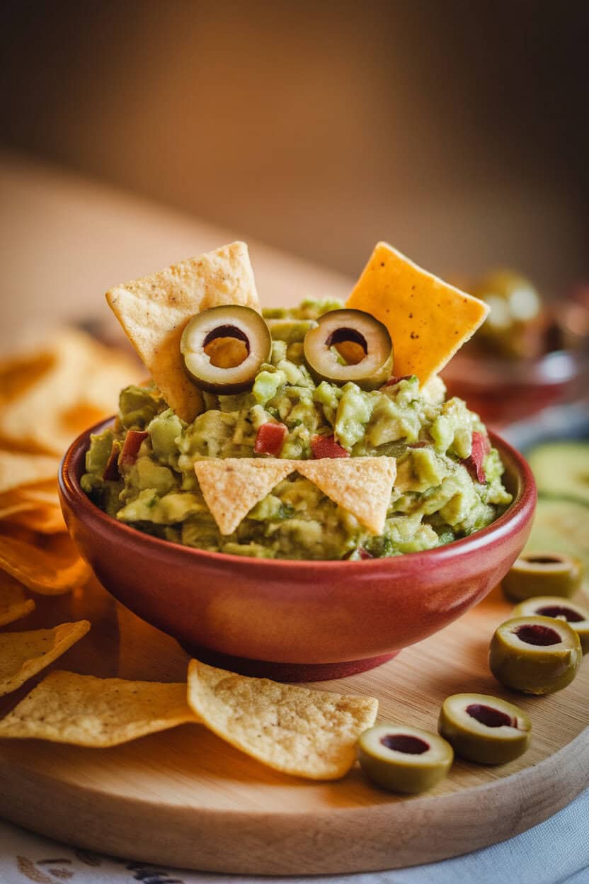 Photo, not illustration — indoor bowl of chunky guacamole with tortilla chips forming a mouth and olive slices as eyes to create a monster face; diffused evening light, no text or logos