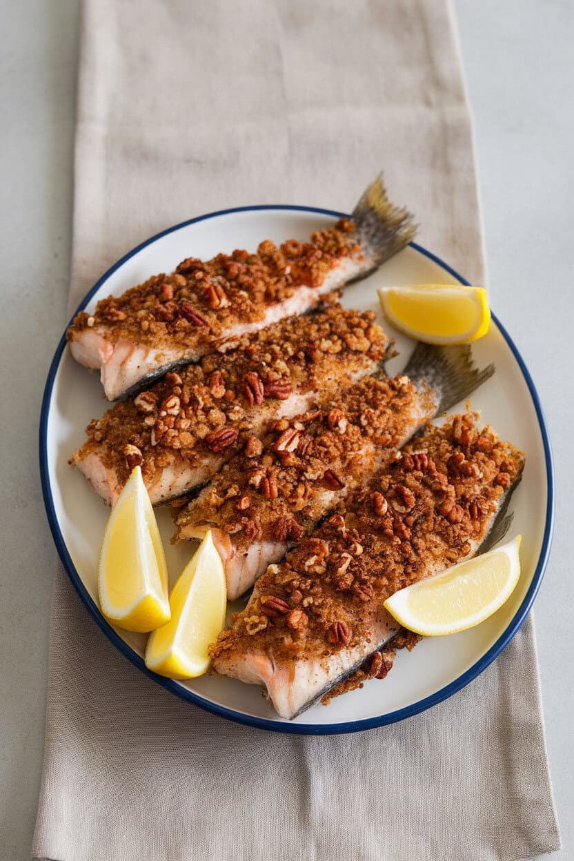 A platter of cooked trout fillets coated in pecan crust, lemon wedges on the side, placed on an indoor linen runner. No text or logos; photo, not illustration.
