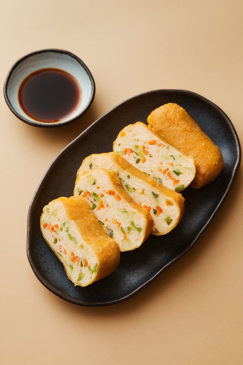 An indoor plate of golden, oblong fish cakes sliced to show vegetable flecks inside, accompanied by a small bowl of soy sauce. No text or logos visible. Photo, not illustration.