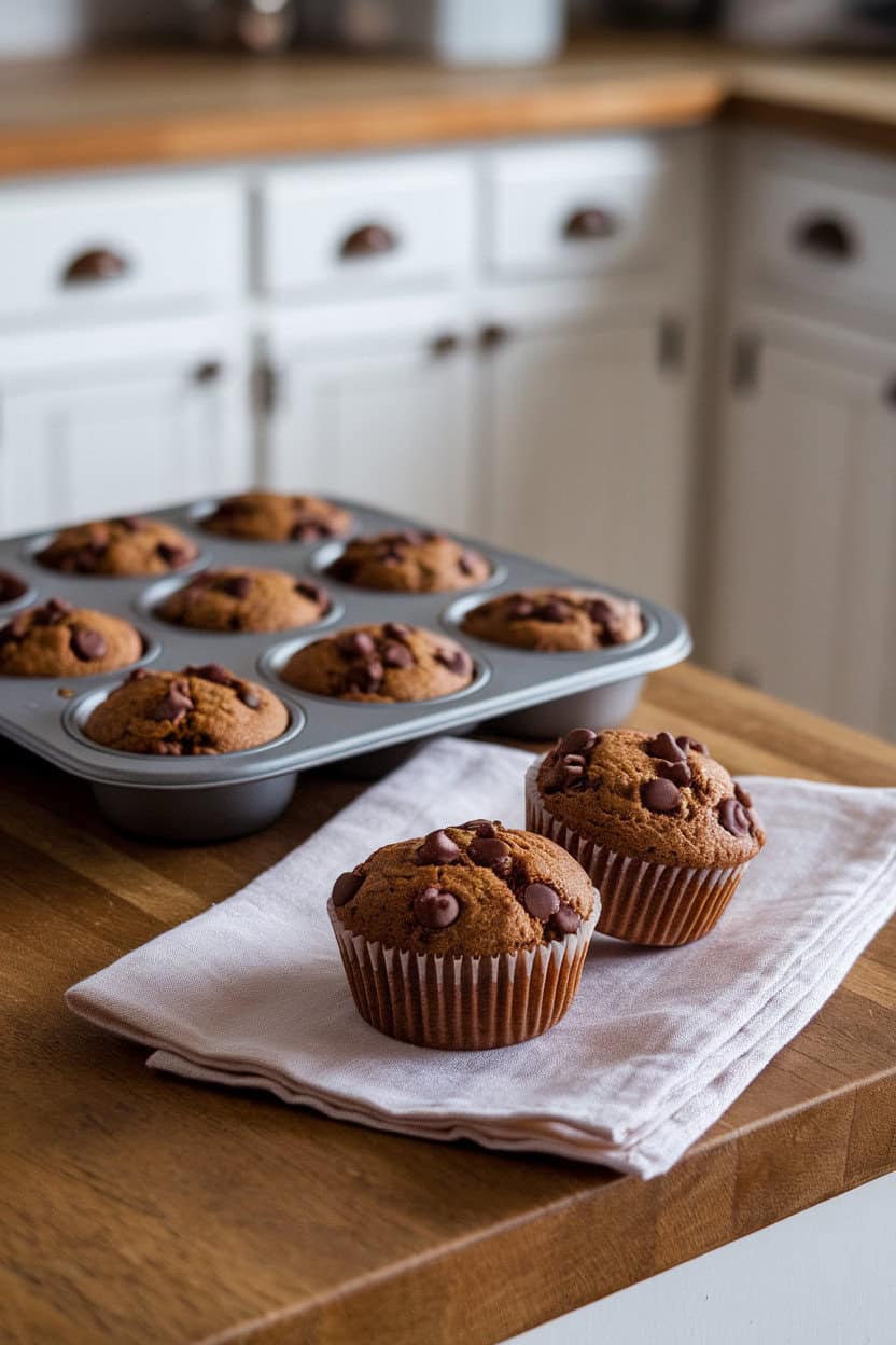 Indoor counter with a muffin tin half-filled with chocolate chip gingerbread muffins, a few unwrapped and set on a linen napkin. No text or logos. Photo, not illustration.
