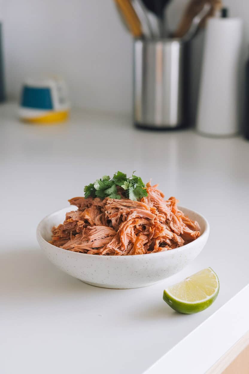 An indoor kitchen counter with shredded pork carnitas on a platter, lime wedges nearby, no text or logos visible.