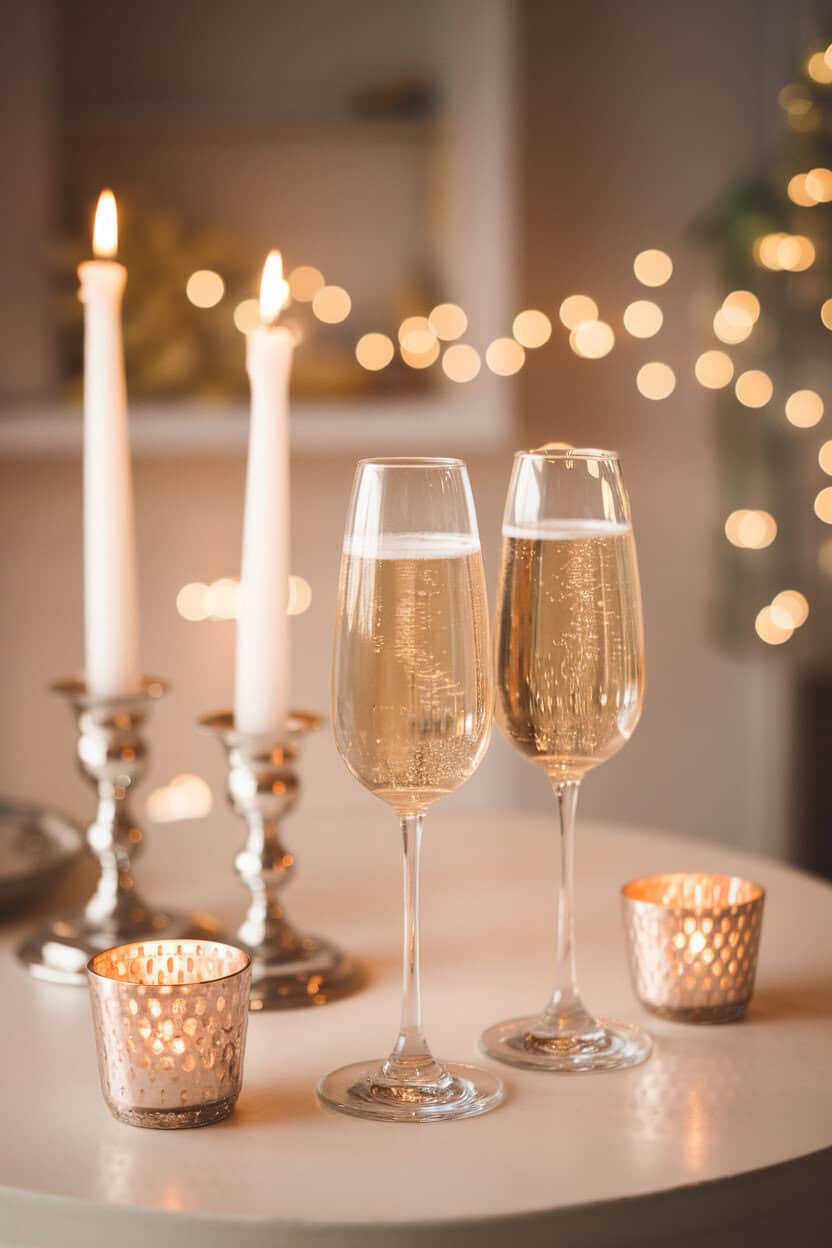 Indoor photo of two elegant champagne flutes filled with pale gold bubbly on a candlelit table, gentle bokeh lights in the background, no text or logos anywhere in the scene.