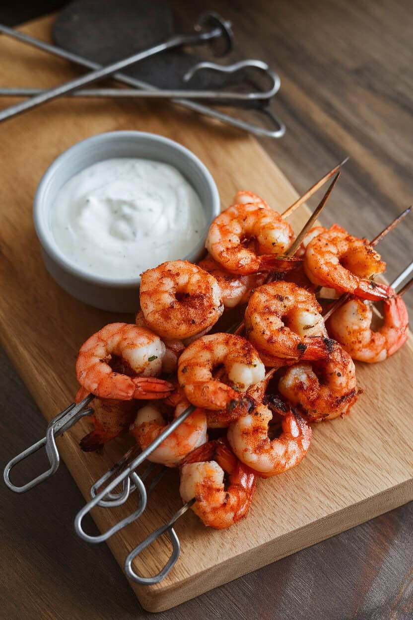 Photo of short metal skewers indoors with cooked tandoori-spiced shrimp, yogurt dip in a small bowl; no logos