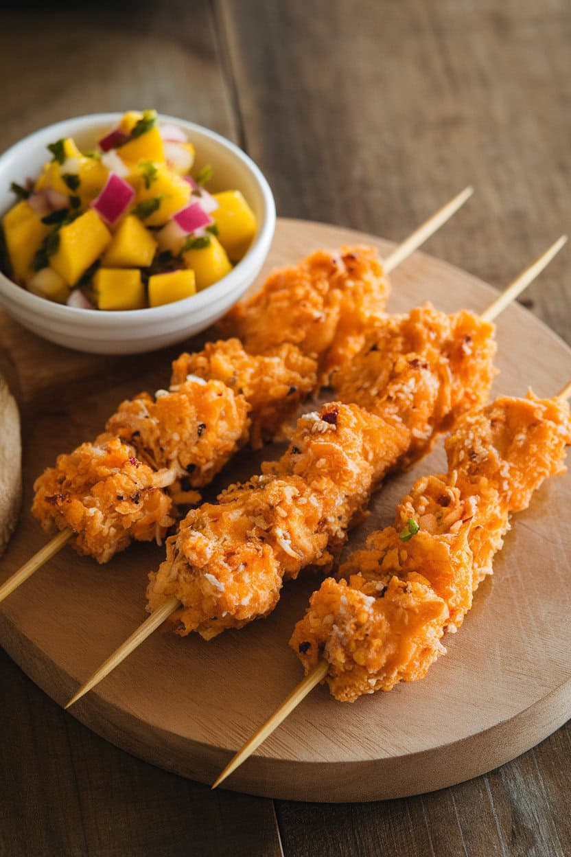 Photo of bamboo skewers indoors with golden coconut-crusted chicken strips, accompanied by a bowl of mango salsa; no logos