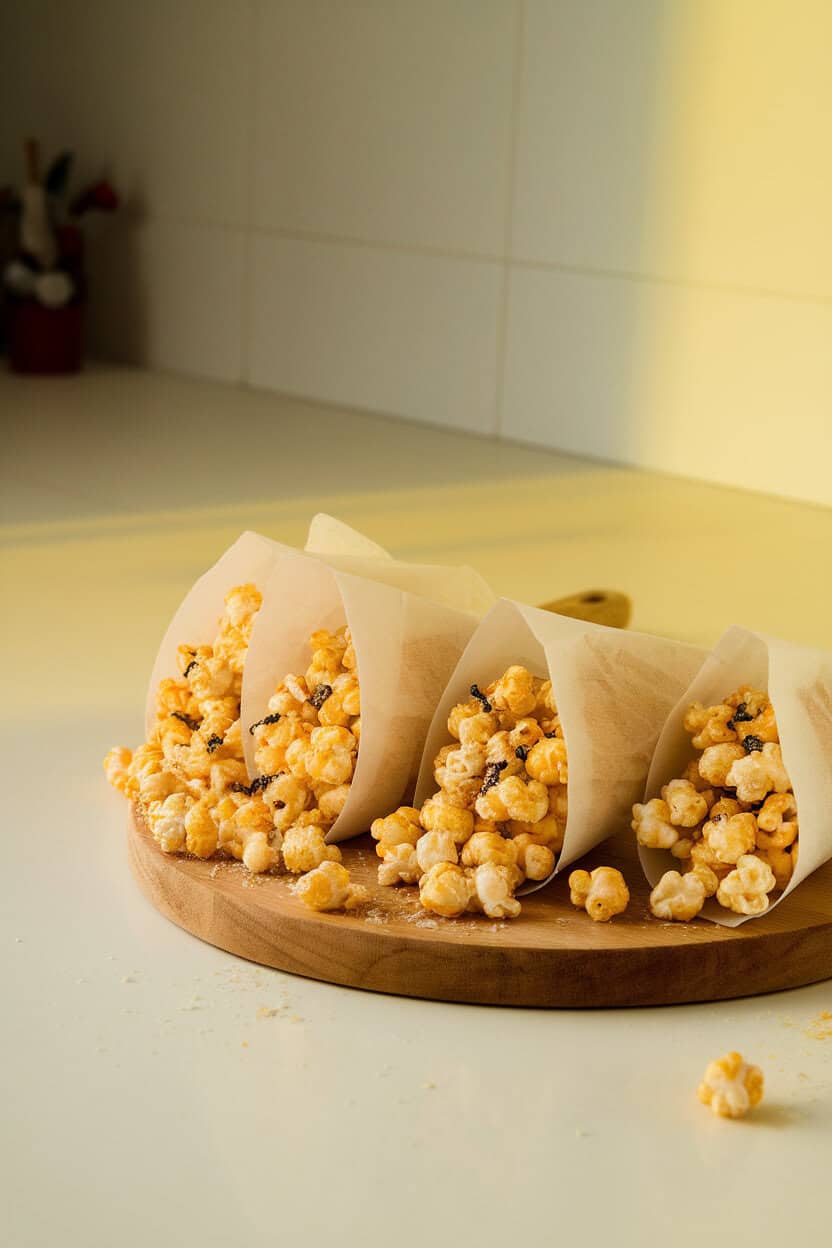 Indoor kitchen counter with parchment paper cones filled with popped corn dusted in grated Parmesan and tiny flecks of black truffle, soft yellow lighting. No text or logos.