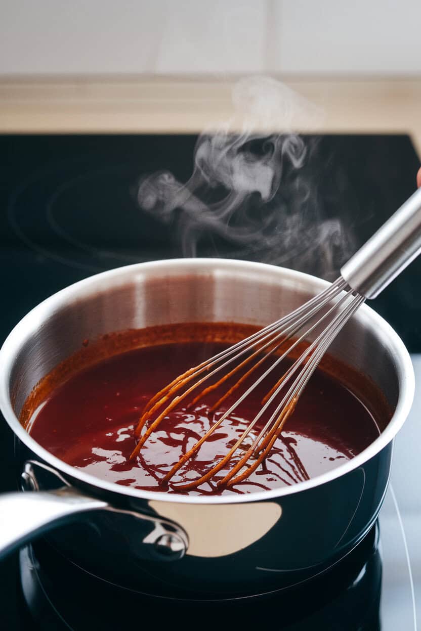 An indoor saucepan of deep red gravy being whisked, steam gently rising—no text or logos.