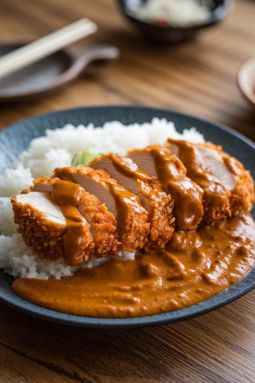 An indoor tabletop holding a plate of sliced chicken katsu over rice, generously ladled with Japanese curry sauce; no text or logos; photo