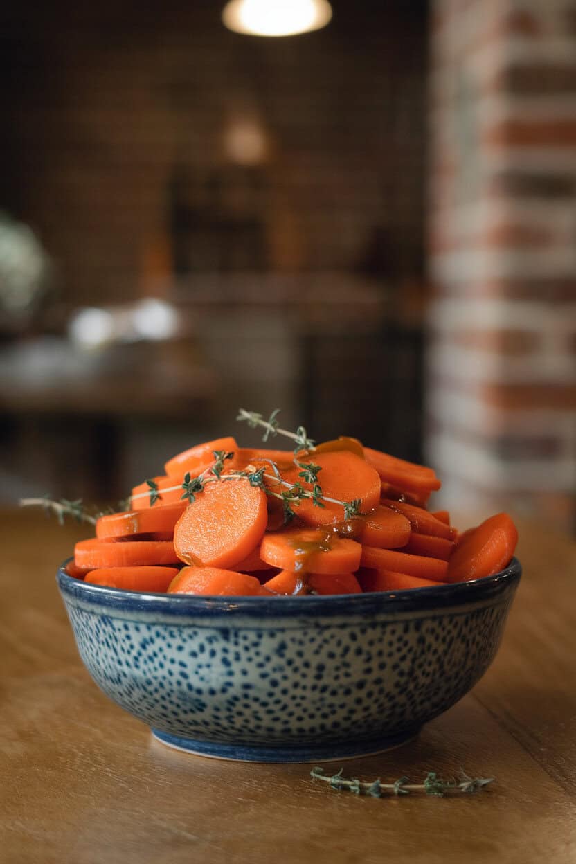 A ceramic bowl on an indoor table filled with glazed carrot coins slicked with brown butter, thyme leaves scattered over; no text or logos. Photo.