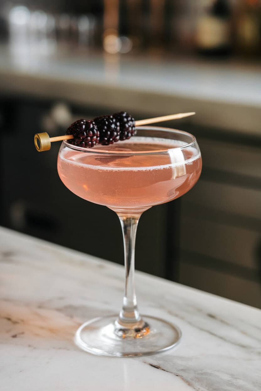 Coupe glass showcased on an indoor bar, filled with a blush-pink blackberry cocktail topped with Champagne and garnished with two skewered berries. Photo, no text or logos.