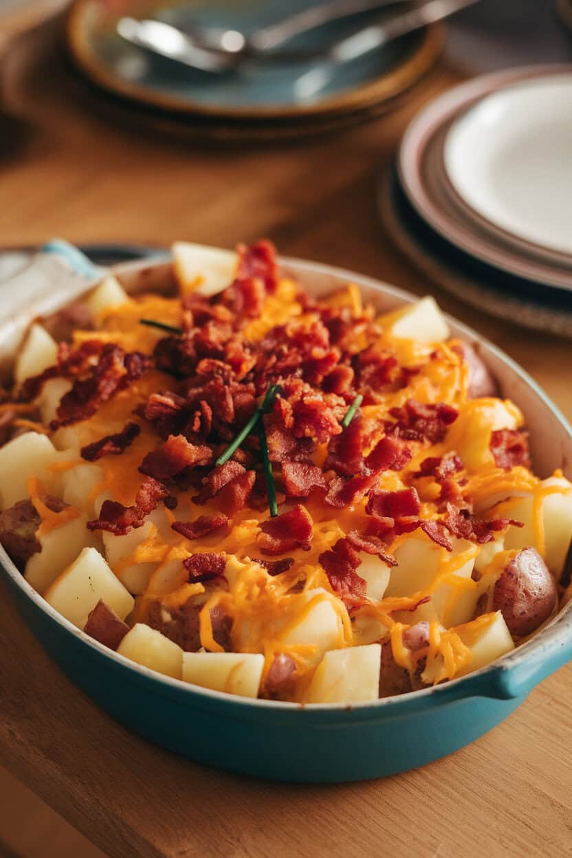 Indoor setting with a casserole piled with cubed potatoes, melted cheddar, bacon crumbles, and a sprinkle of chives. Photo only, no text or logos.