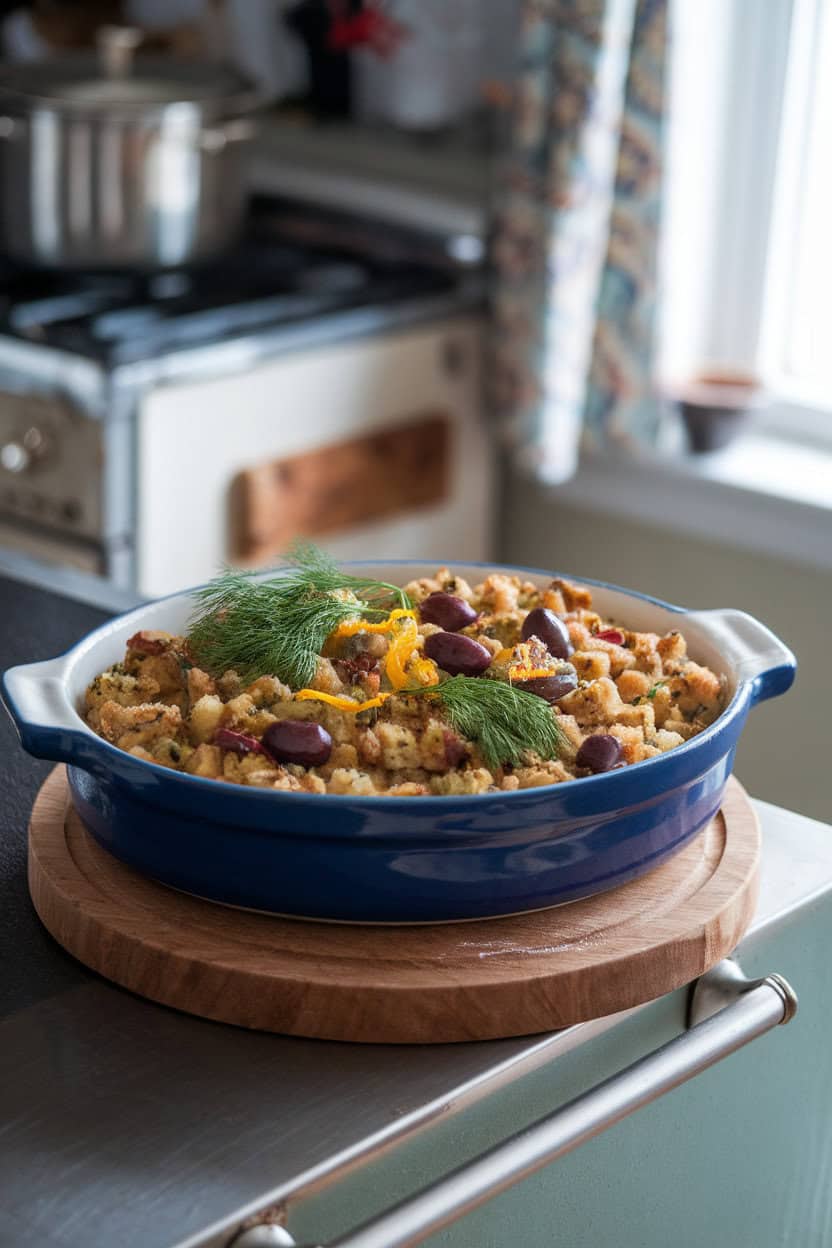 An indoor kitchen island featuring stuffing dotted with Kalamata olives, dill fronds, and lemon zest in a ceramic dish. No text or logos; photo, not illustration.