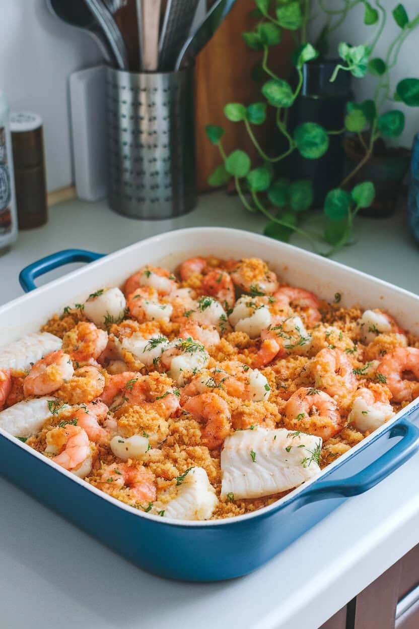 Indoor kitchen counter featuring a casserole of cooked white fish, shrimp, and scallops in a light lemon garlic butter sauce with breadcrumbs on top. Photo only, no text or logos; all seafood fully cooked.