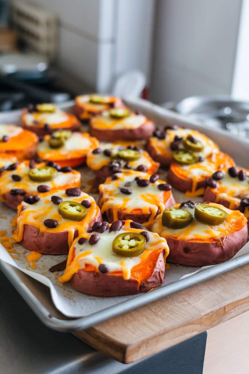 Photo of a sheet pan piled with roasted sweet potato rounds topped with melted cheese, black beans, and jalapeños on an indoor counter. No text or logos.