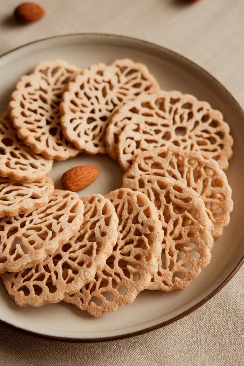 Indoor close-up of delicate, lacy almond cookies with subtle saffron hue, stacked carefully on a plate. No text or logos.