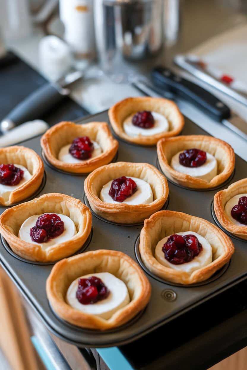 A muffin tin on an indoor countertop filled with puff-pastry cups of melted brie and cranberry sauce, edges golden brown; photo, no text or logos.