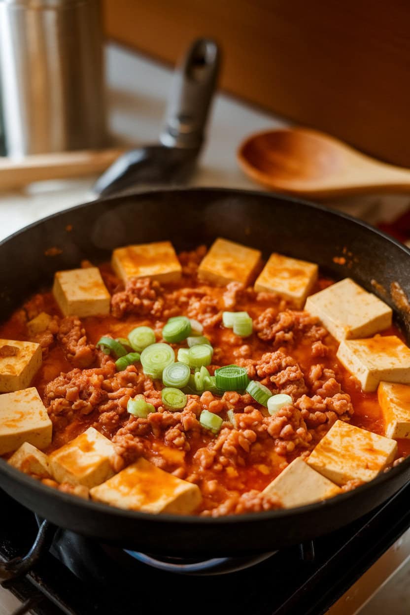A warmly lit indoor skillet of mapo tofu featuring cubes of tofu in a red-tinged sauce with ground pork and sliced scallions. No text or logos visible. Photo, not illustration.