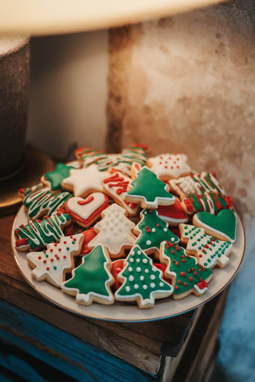 A festive tray of colorful almond spritz cookies in various shapes, photographed indoors with warm overhead light. No text or logos. Photo, not illustration.