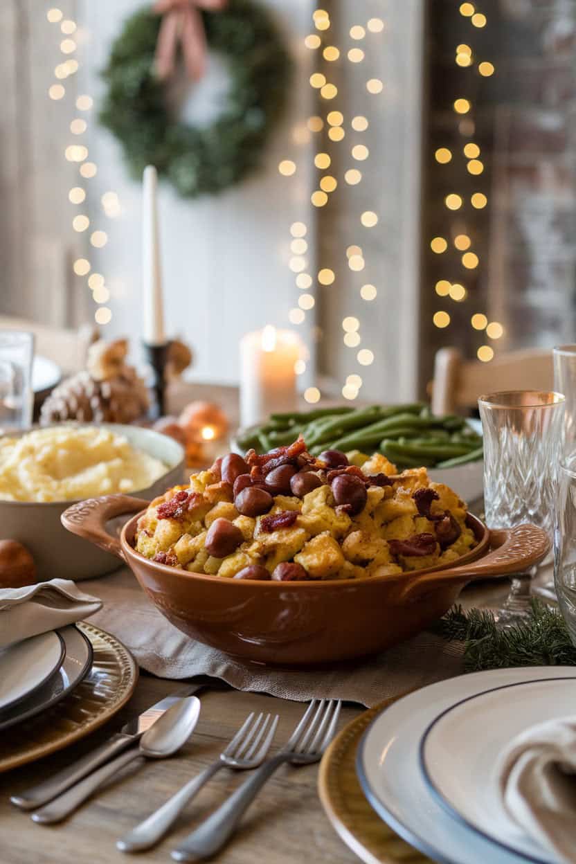An indoor holiday table with a serving bowl of stuffing featuring visible roasted chestnuts and crispy bacon pieces, softly glowing string lights in background. No text or logos; photo only.