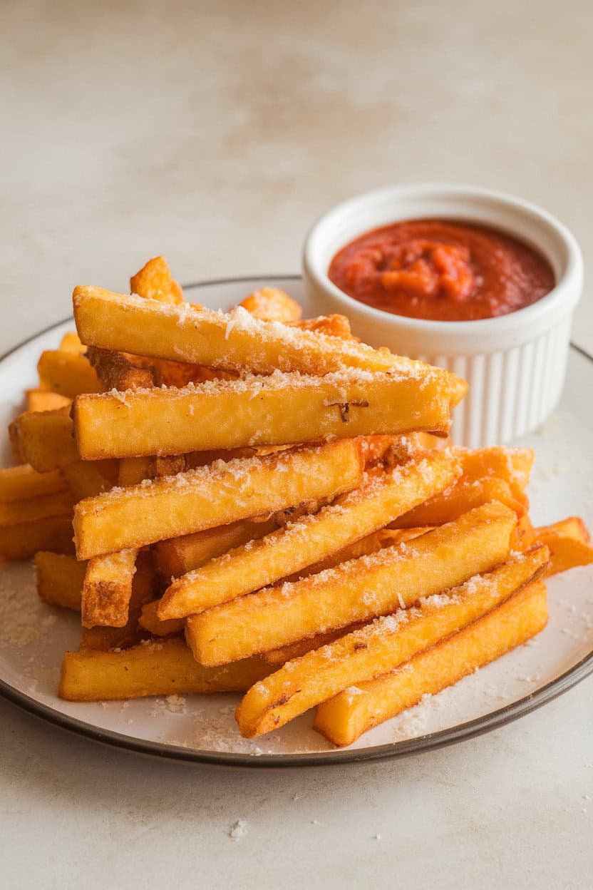 An indoor plate stacked with golden polenta fries dusted in grated Parmesan, a small ramekin of marinara alongside. No text or logos. Photo only.