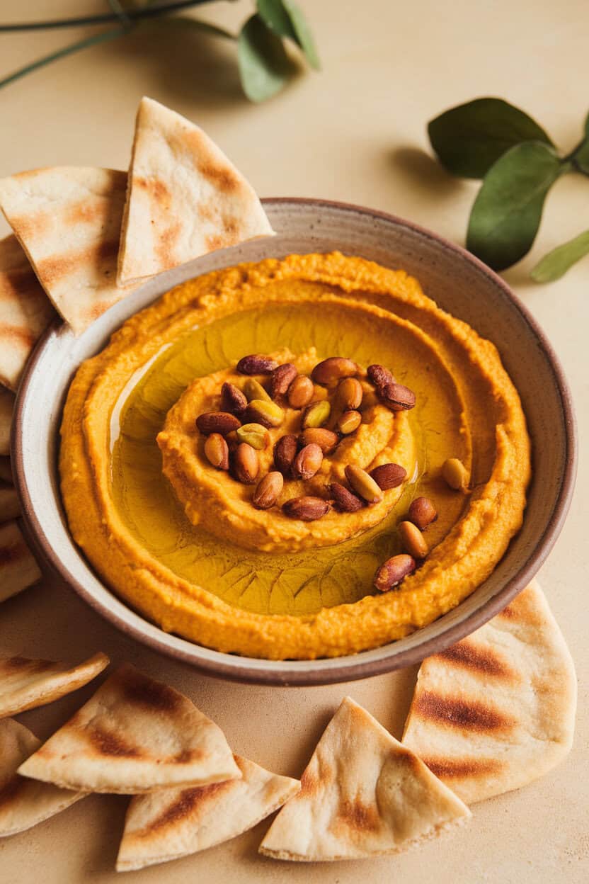 Indoor photo of a shallow ceramic bowl of butternut squash hummus swirled with olive oil and topped with toasted pepitas; pita triangles nearby, no text or logos.