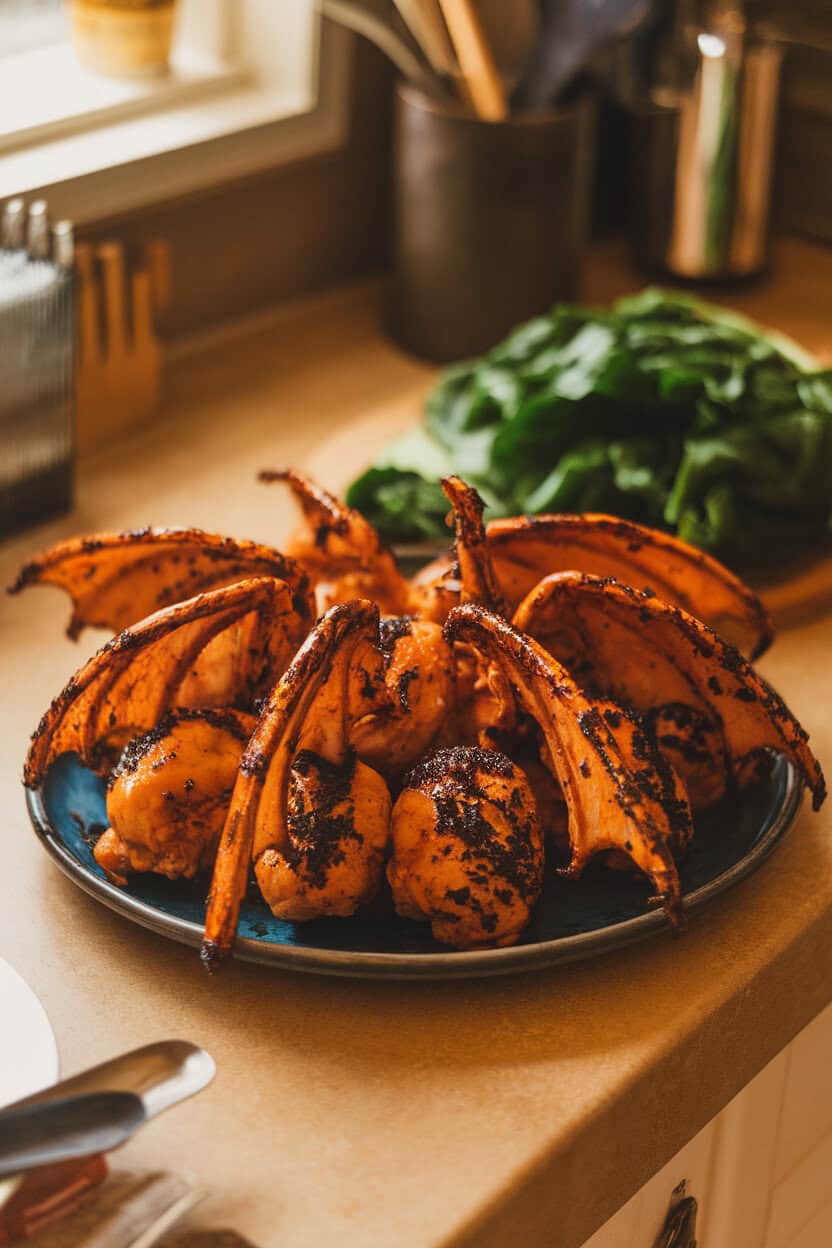 A platter on an indoor countertop with chicken drumettes coated in a sticky black-sesame-soy glaze, fanned out to look like bat wings. Warm lighting, no text or logos. Photo only.