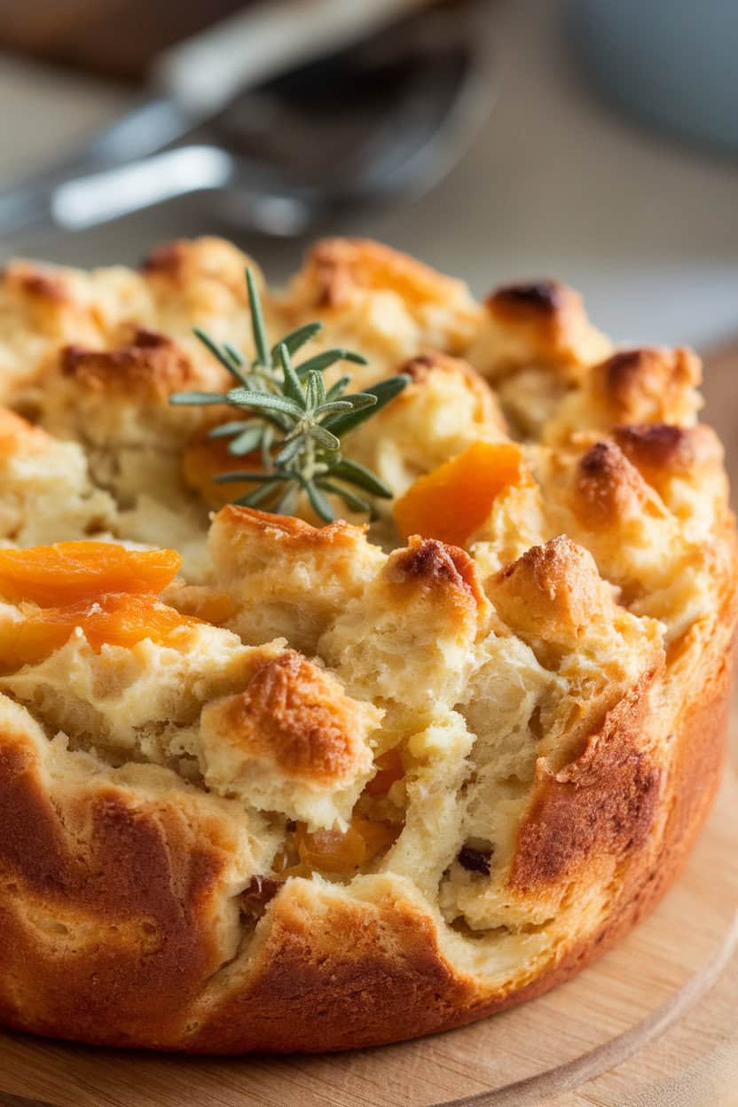 An indoor dining table spotlighting a deep casserole of buttery brioche stuffing studded with dried apricot pieces, glistening slightly. No text or logos; photo only.