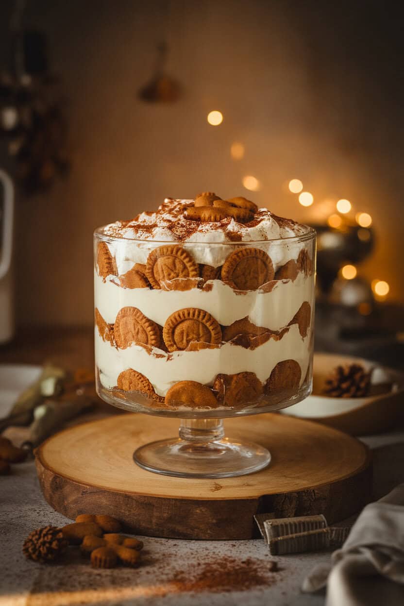 Photo prompt: A glass trifle dish indoors showing layered gingerbread cookies, mascarpone cream, and cocoa dusting, warm ambient light, no text or logos.