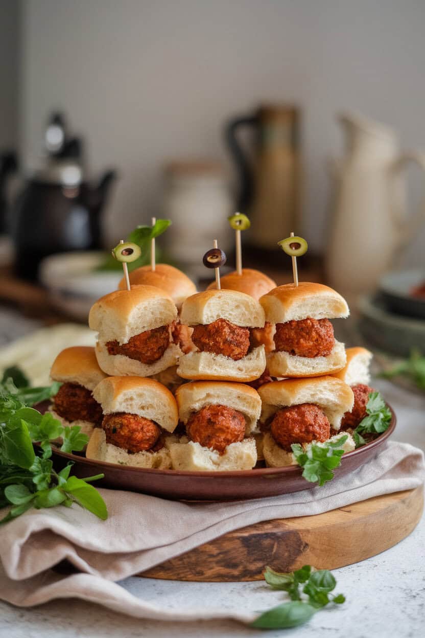 An indoor serving platter piled with mini brioche buns holding saucy meatballs, each slider sporting olive “eyes” on toothpicks. No text or logos; photo only.