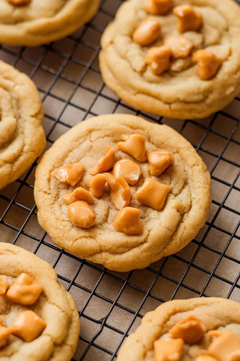 Close-up indoor photo of buttery cookies dotted with golden toffee bits on a cooling rack, light reflecting off melted chips. No text or logos.