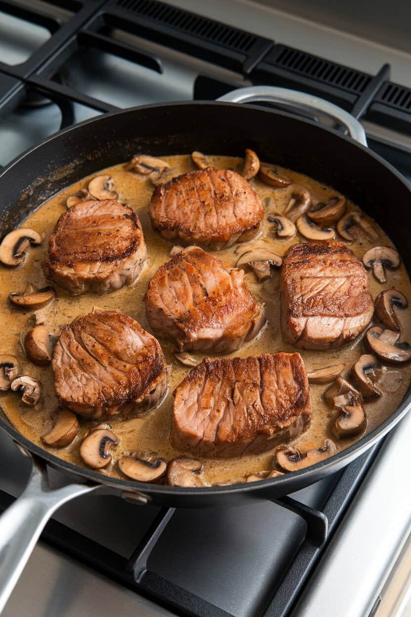 Indoor stovetop image of a skillet filled with pork loin medallions in creamy mushroom Marsala sauce; no text or logos visible.