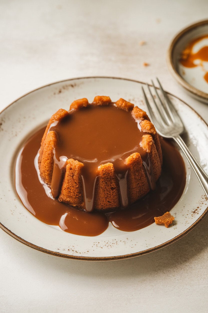 An indoor dessert plate featuring sticky toffee cake drenched in warm toffee sauce, a fork resting beside. No text or logos.
