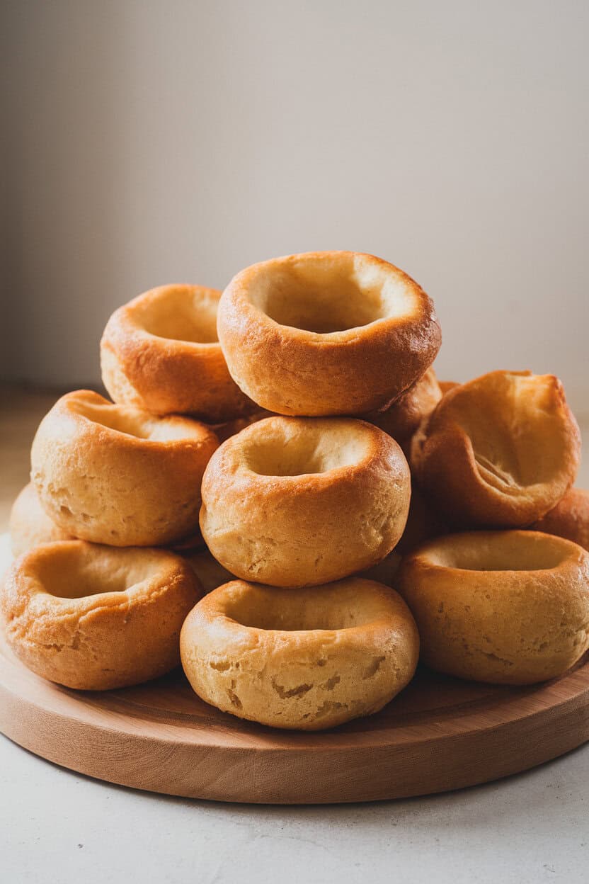Photo of a wooden board indoors stacked with airy, golden Yorkshire puddings showing hollow centers, no text or logos present.