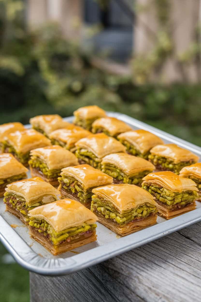 An indoor tray of mini baklava squares with bright green pistachio layers and flaky golden phyllo, honey glaze glistening; no text or logos. Photo, not illustration.