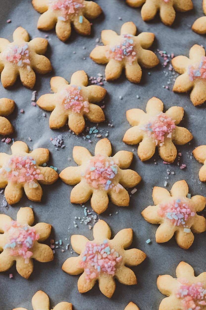 Indoor shot of flower-shaped almond spritz cookies on a baking sheet, lightly glazed, sprinkled with pastel-colored sugars. No text or logos.