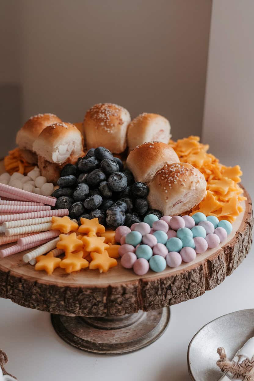 Photo indoors of a board with smoked turkey rolls, cheddar stars, blueberries, yogurt-covered pretzels, and pastel candy drops, soft daylight, no text.