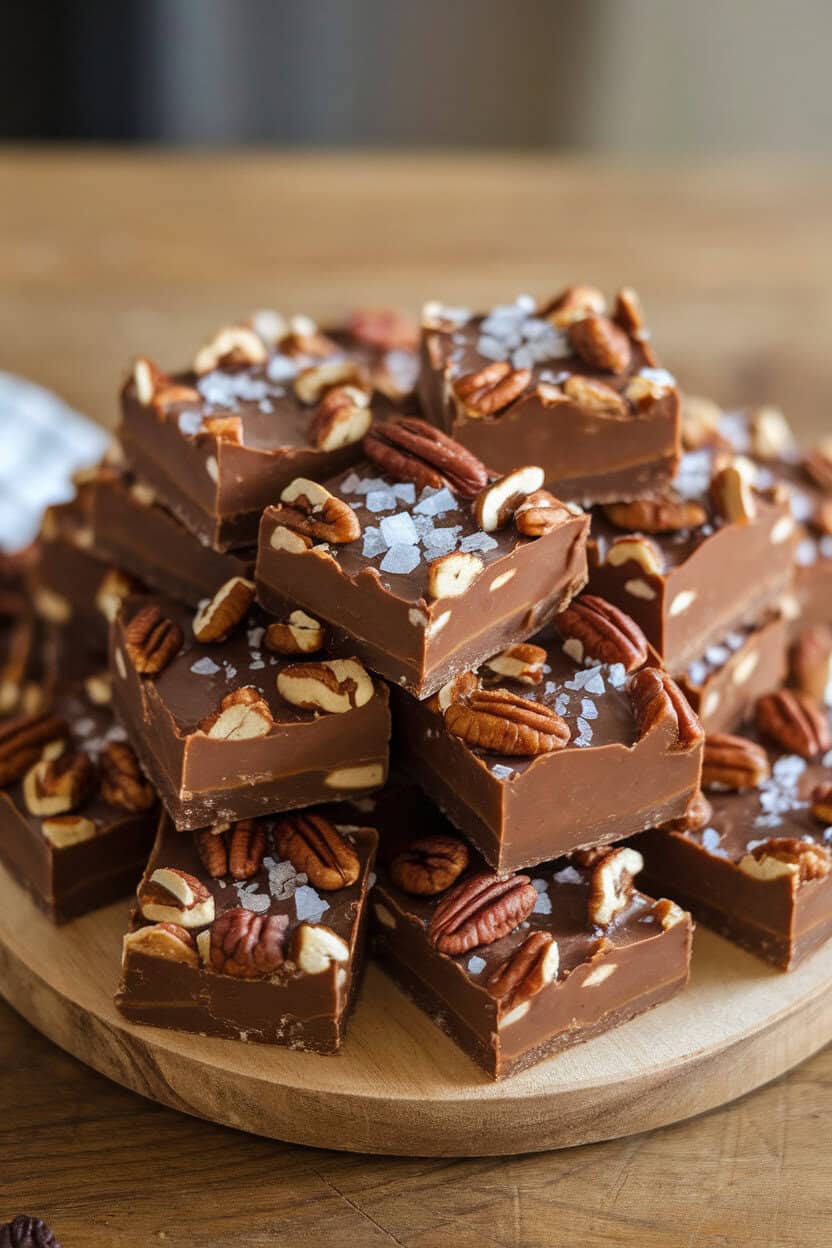 An indoor candy board piled with squares of salted caramel pecan fudge, sea salt flakes sprinkled on top. No text or logos.